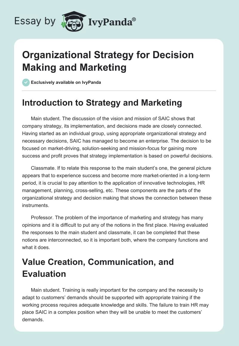 Organizational Strategy for Decision Making and Marketing. Page 1