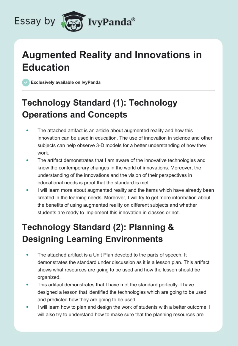 Augmented Reality and Innovations in Education. Page 1