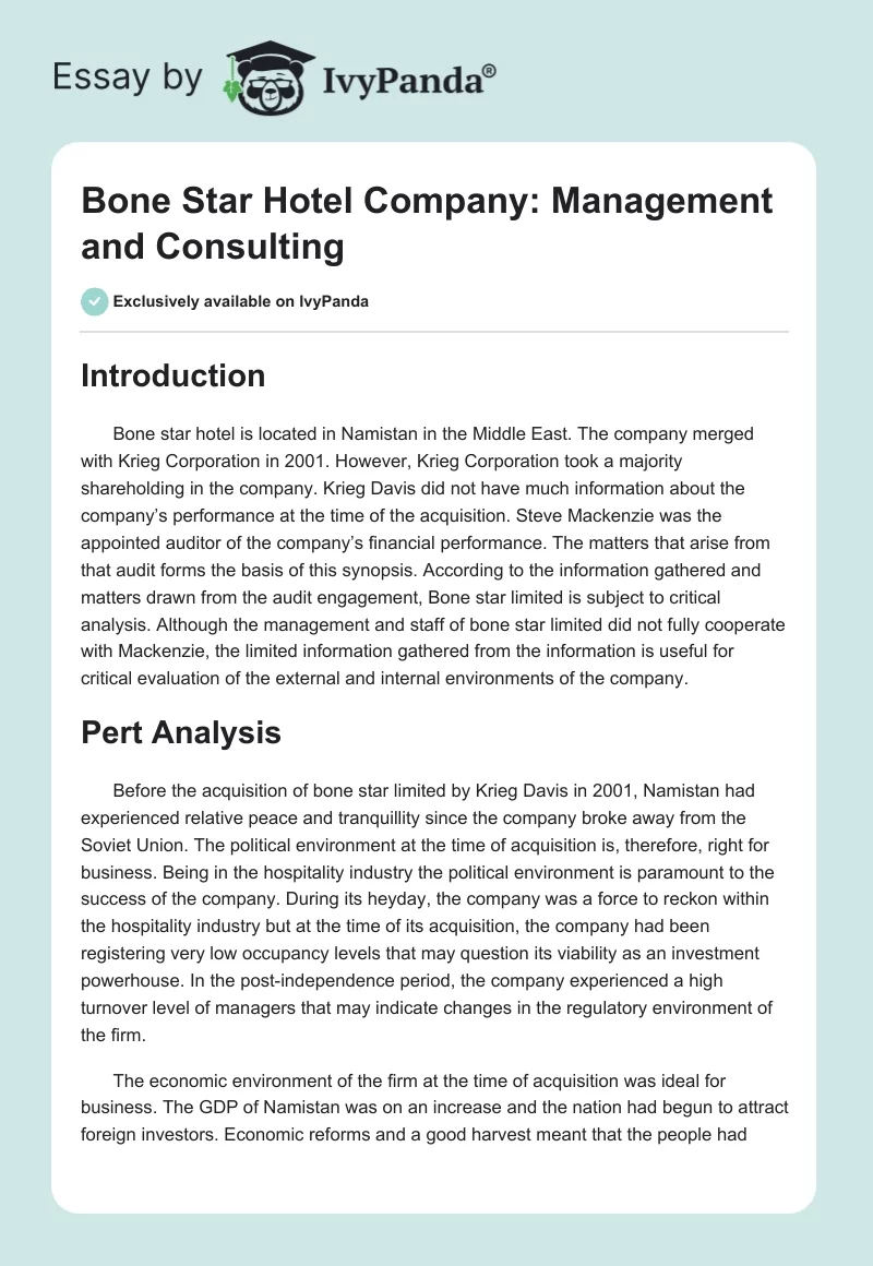 Bone Star Hotel Company: Management and Consulting. Page 1