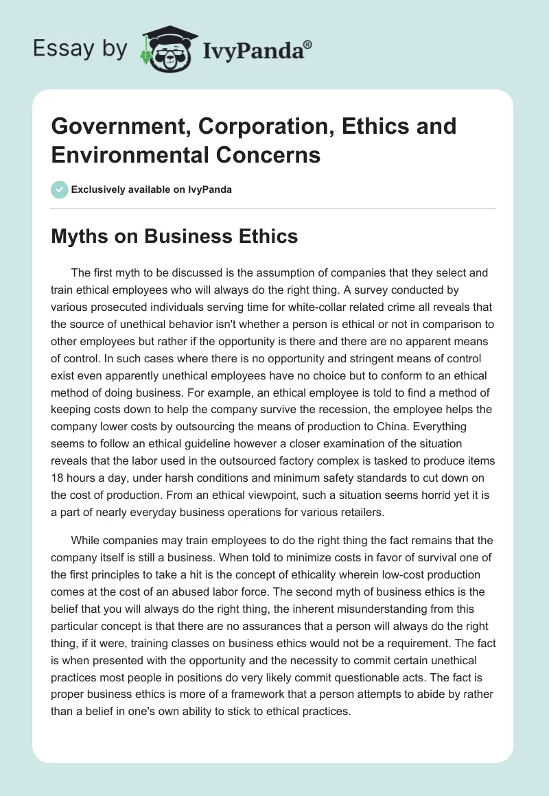 Government, Corporation, Ethics and Environmental Concerns. Page 1