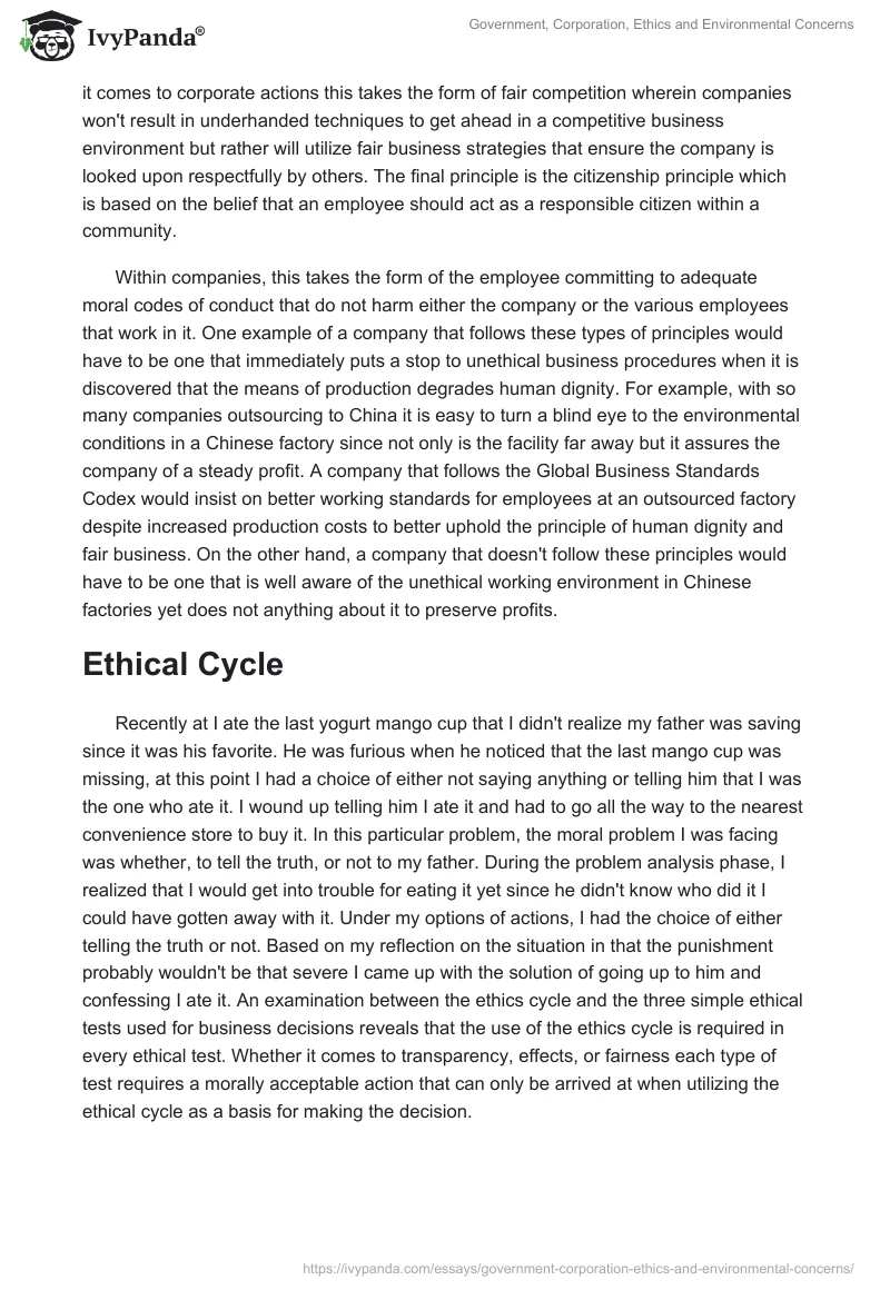 Government, Corporation, Ethics and Environmental Concerns. Page 3
