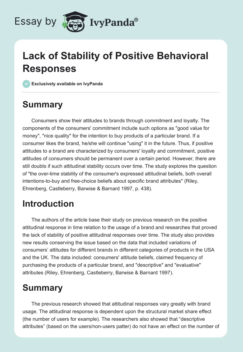 Lack of Stability of Positive Behavioral Responses. Page 1