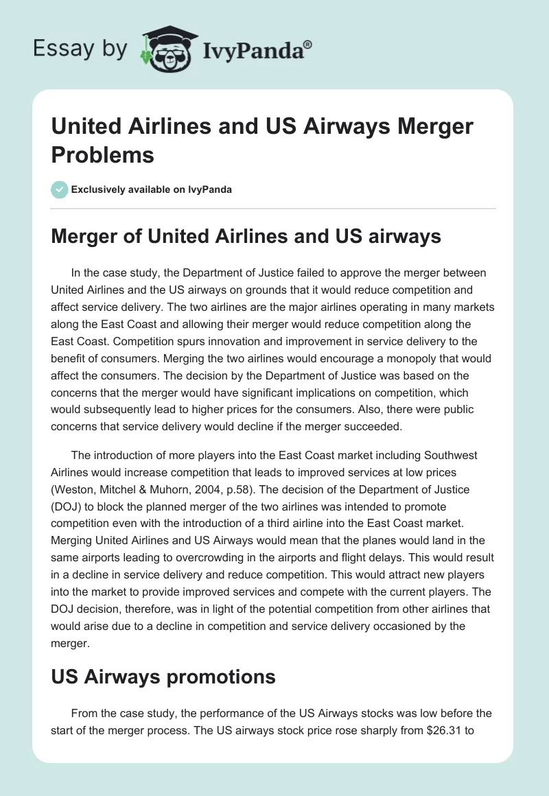 United Airlines and US Airways Merger Problems. Page 1