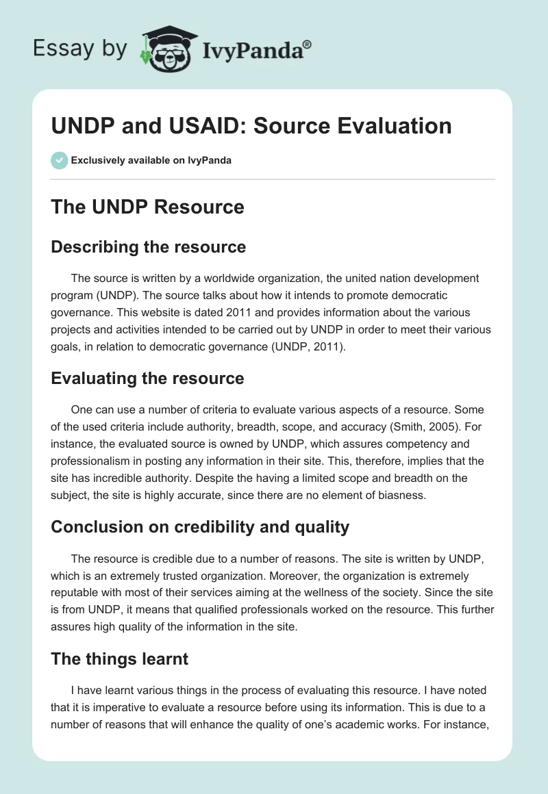 UNDP and USAID: Source Evaluation. Page 1