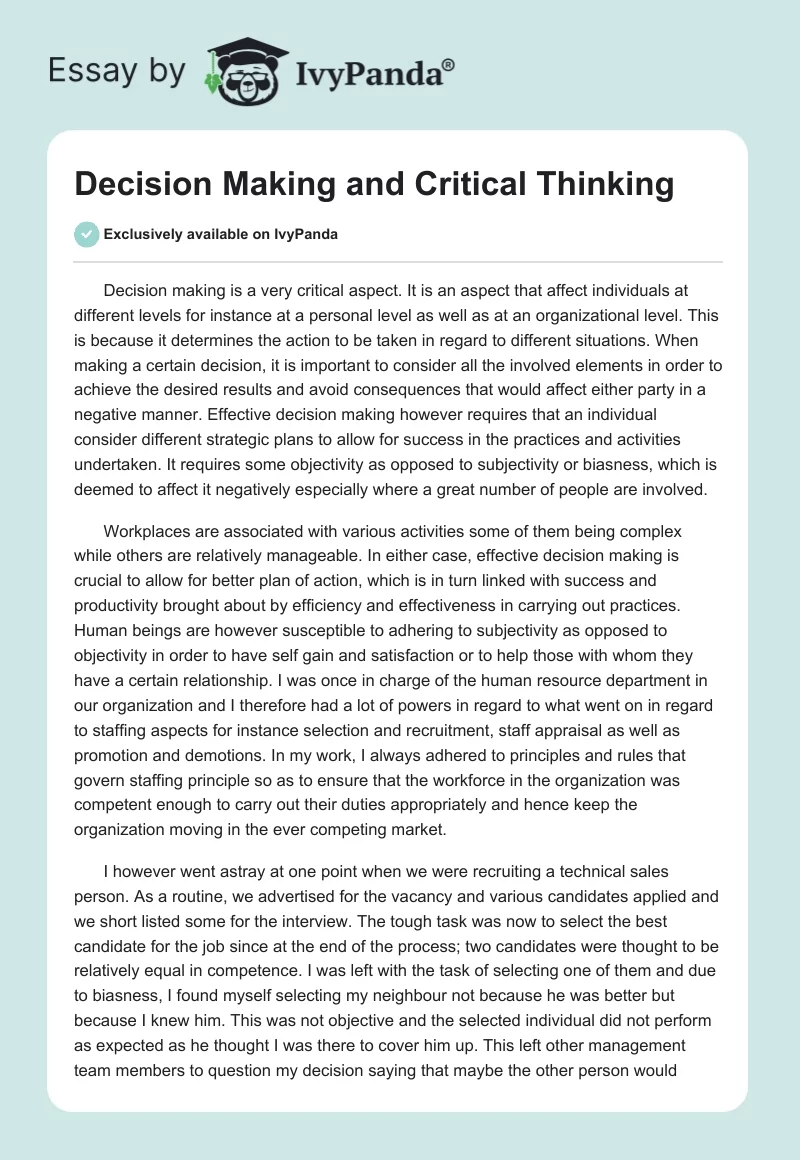 Decision Making and Critical Thinking. Page 1