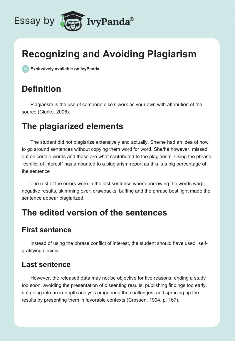 Recognizing and Avoiding Plagiarism. Page 1