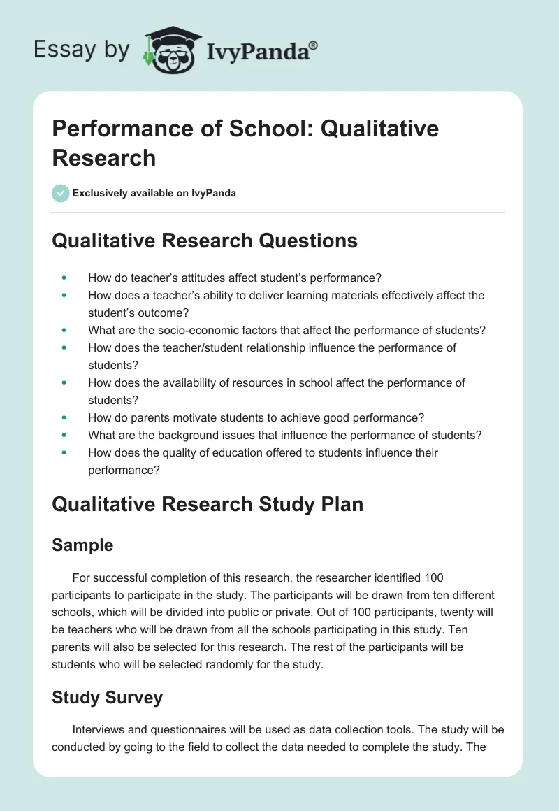 Performance of School: Qualitative Research. Page 1