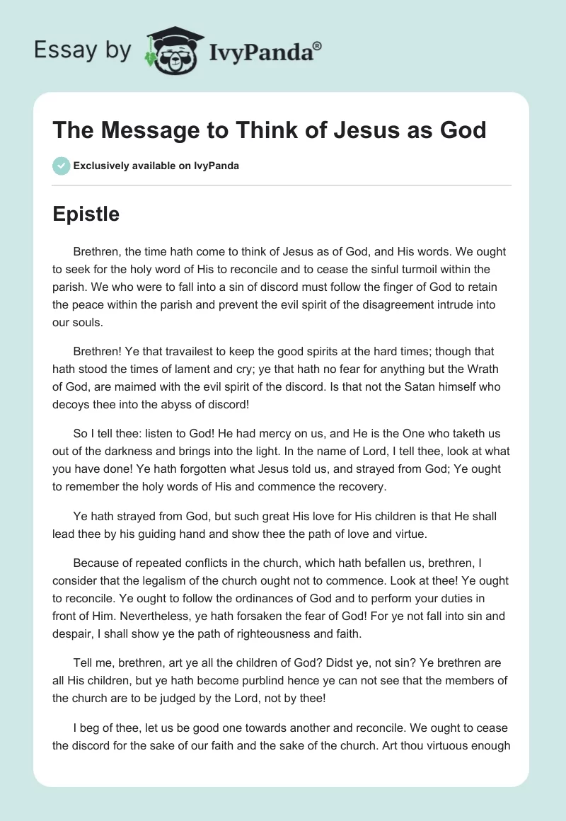 The Message to Think of Jesus as God. Page 1
