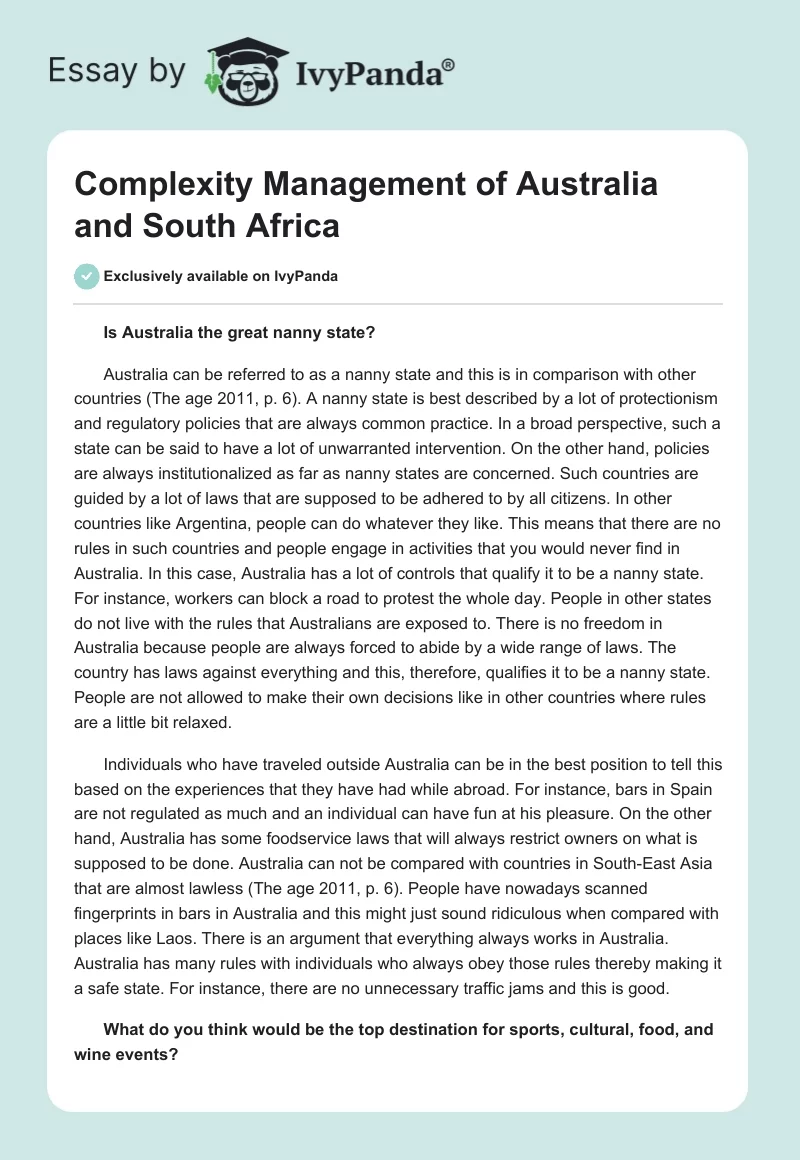 Complexity Management of Australia and South Africa. Page 1