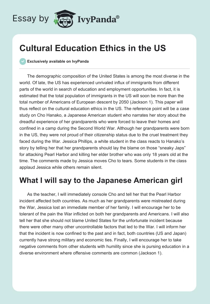 Cultural Education Ethics in the US. Page 1