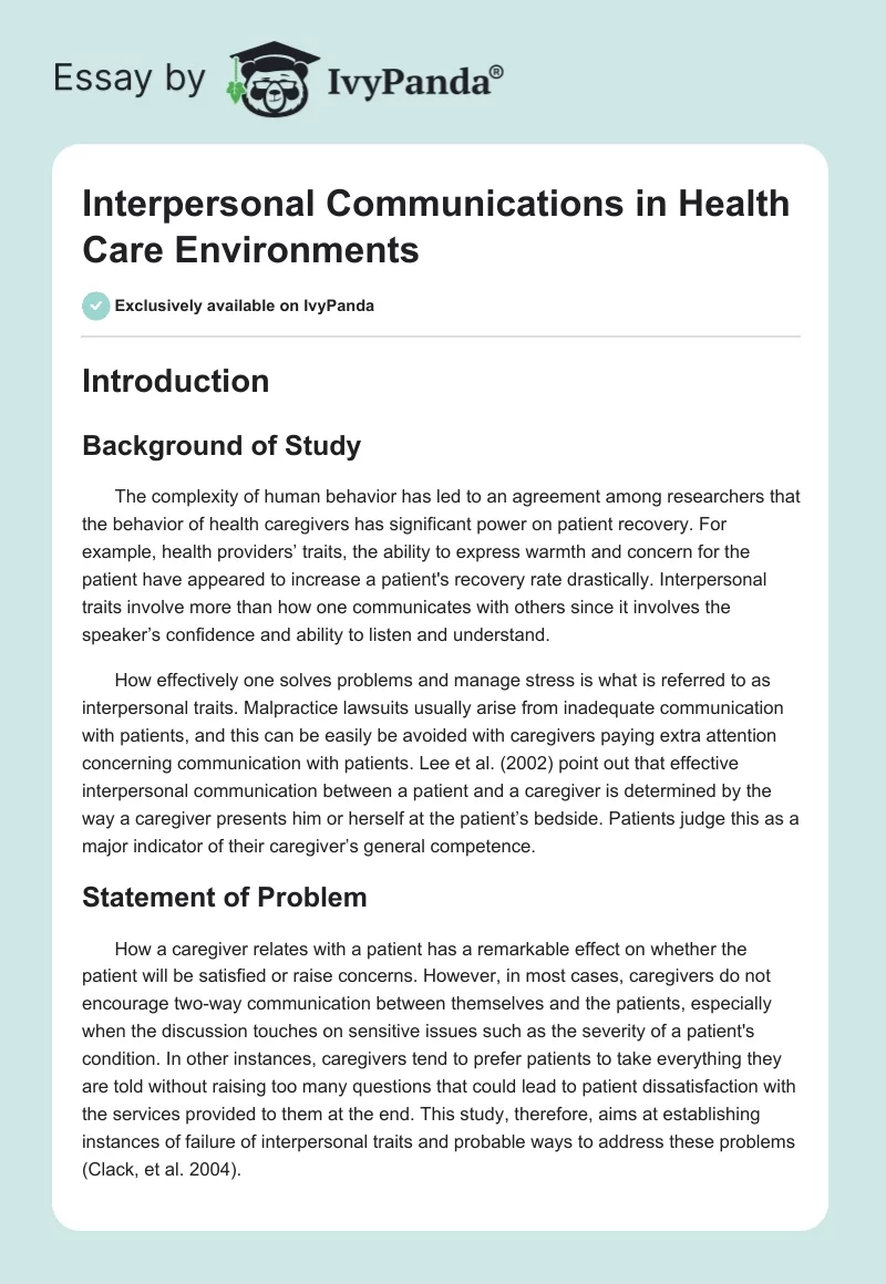 Interpersonal Communications in Health Care Environments. Page 1