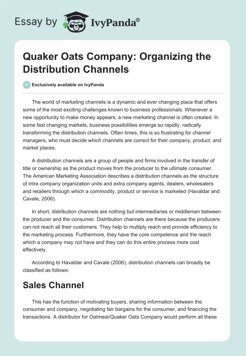 Quaker Oats Company: Organizing the Distribution Channels. Page 1