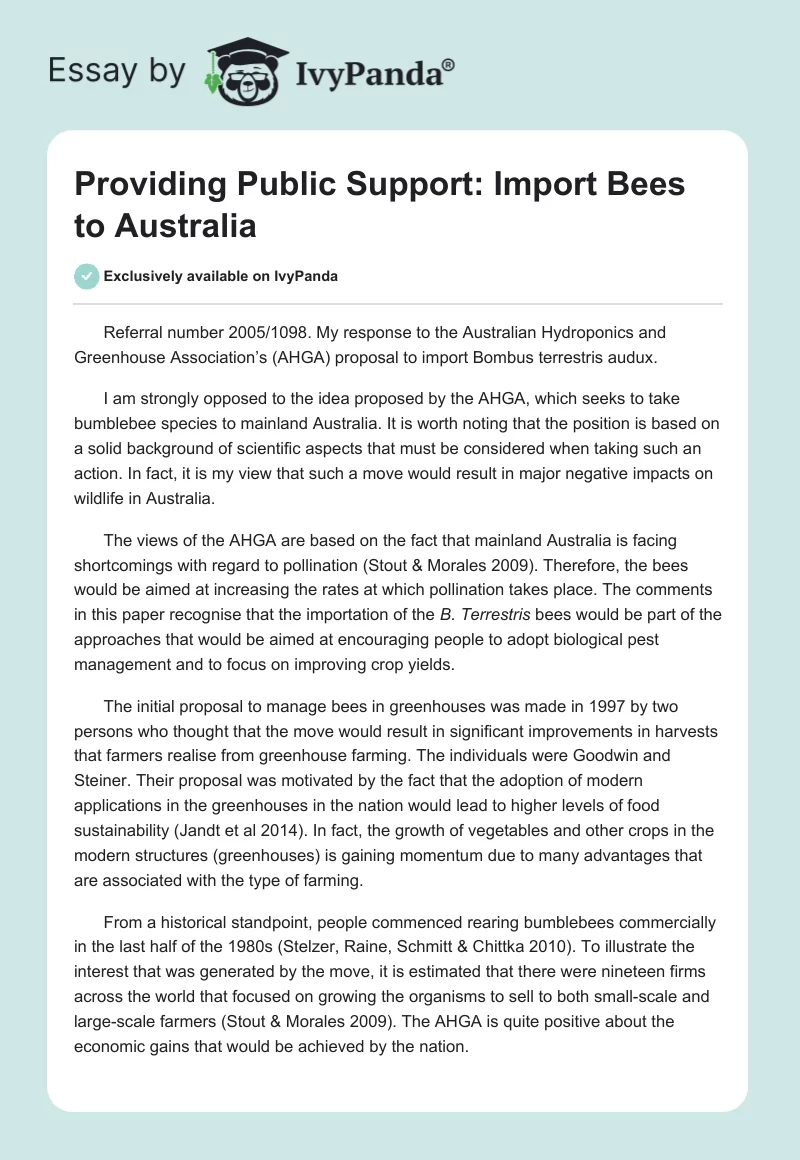 Providing Public Support: Import Bees to Australia. Page 1