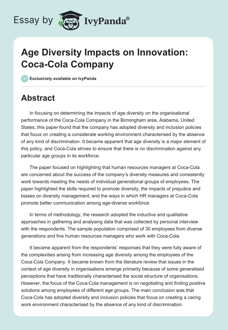 Age Diversity Impacts on Innovation: Coca-Cola Company. Page 1