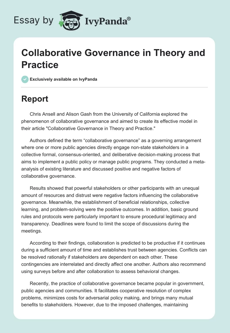 Collaborative Governance in Theory and Practice. Page 1