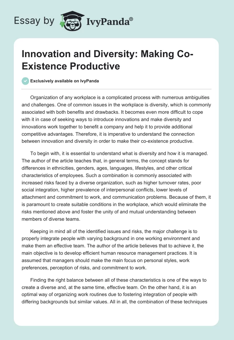 Innovation and Diversity: Making Co-Existence Productive. Page 1