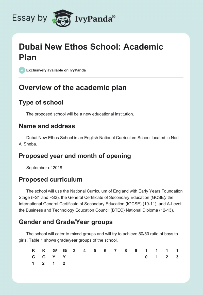 Dubai New Ethos School: Academic Plan. Page 1
