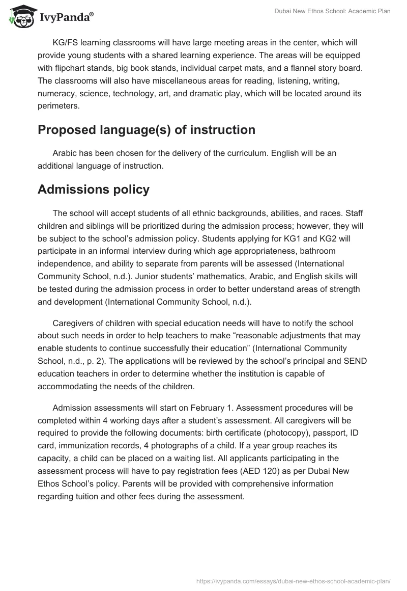 Dubai New Ethos School: Academic Plan. Page 4