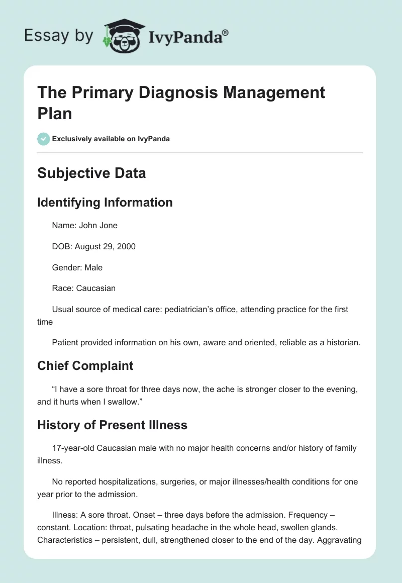 The Primary Diagnosis Management Plan. Page 1