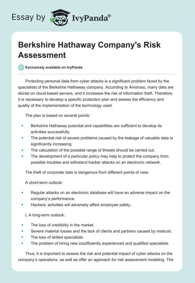 Berkshire Hathaway Company's Risk Assessment - 373 Words | Report Example