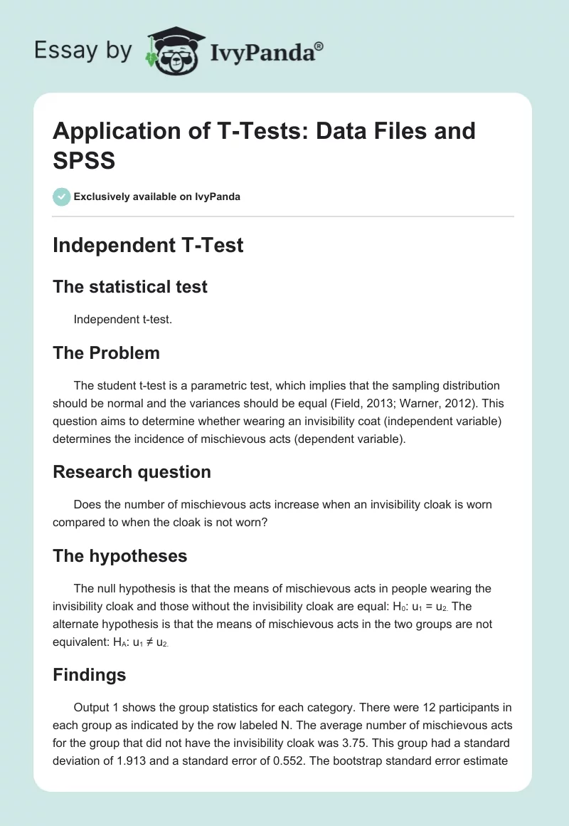 Application of T-Tests: Data Files and SPSS. Page 1