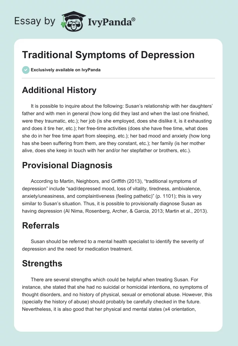 Traditional Symptoms of Depression. Page 1