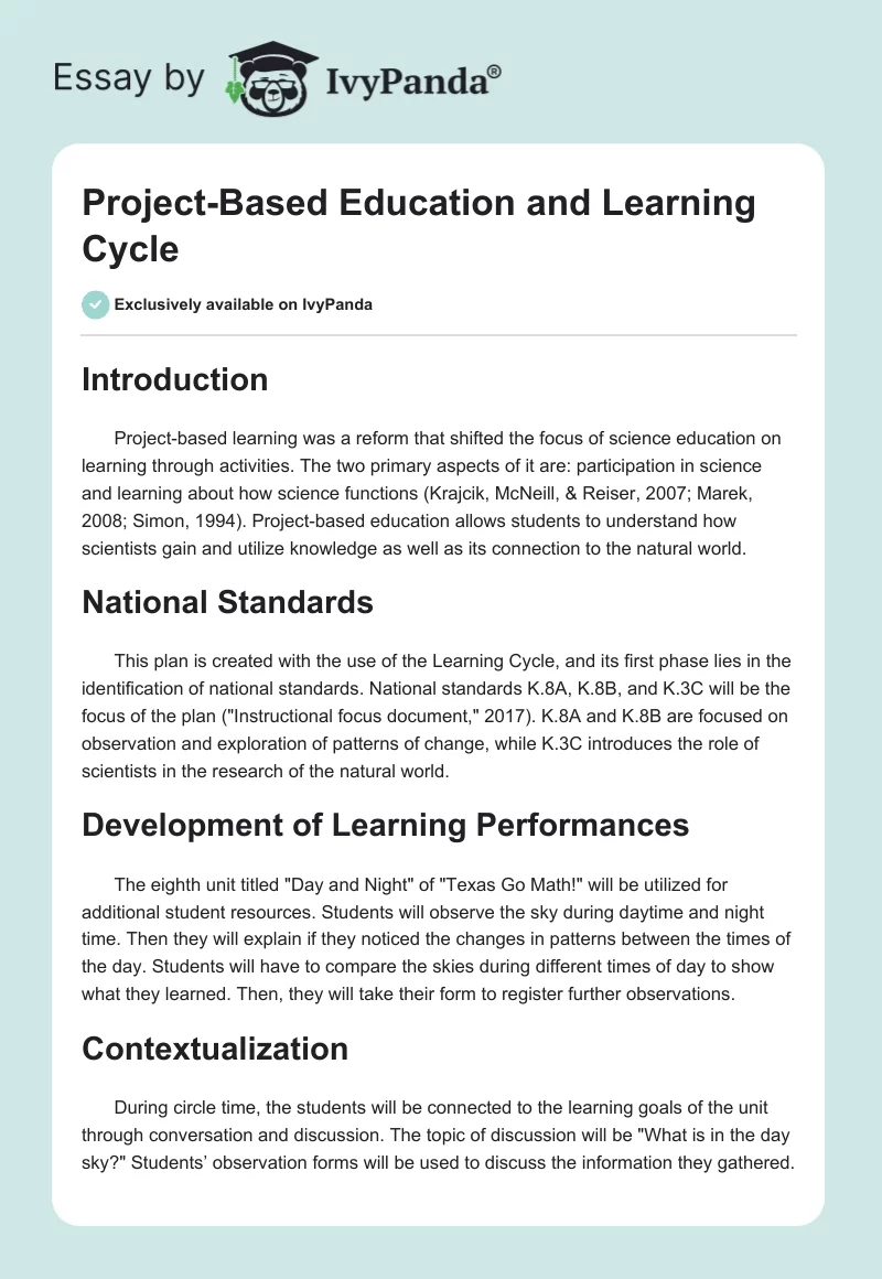 Project-Based Education and Learning Cycle. Page 1