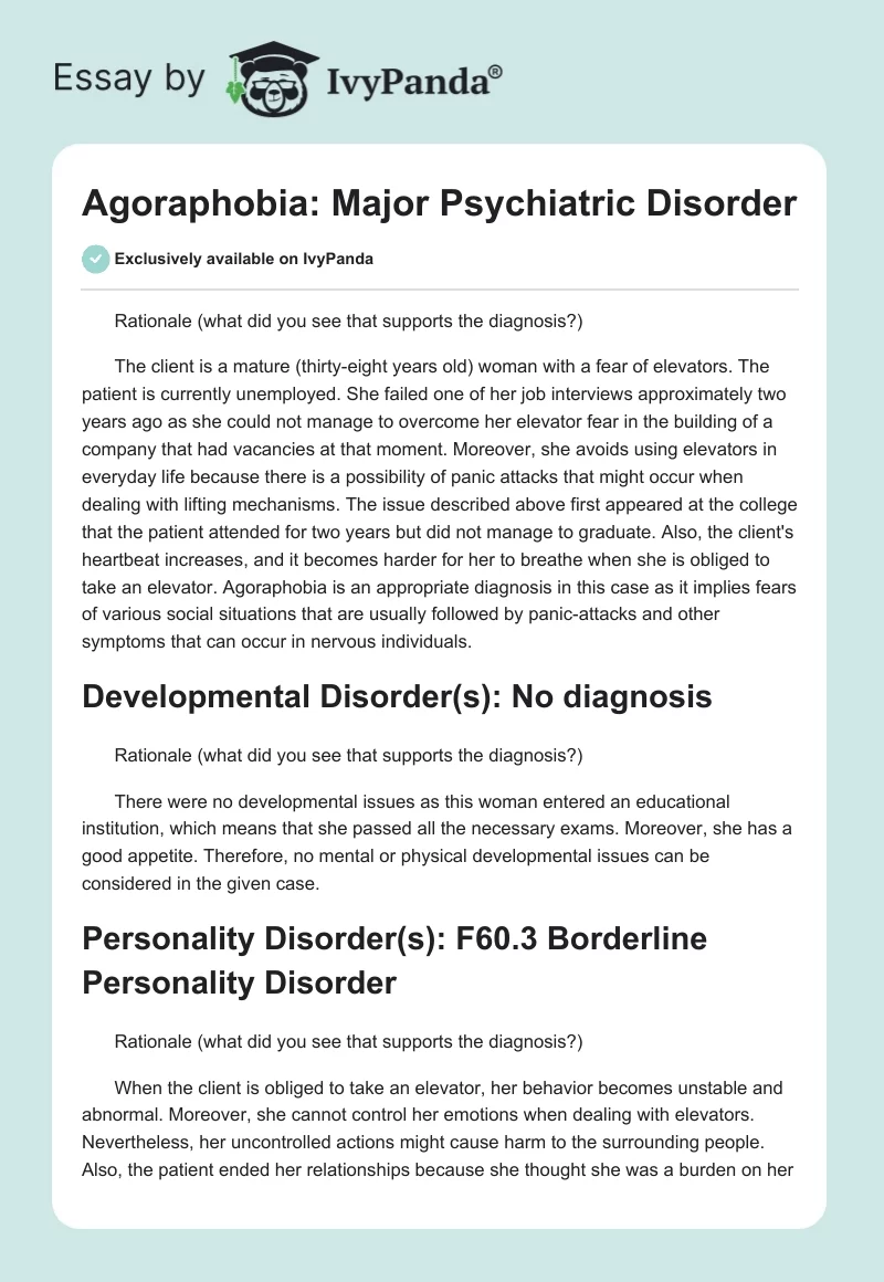 Agoraphobia: Major Psychiatric Disorder. Page 1
