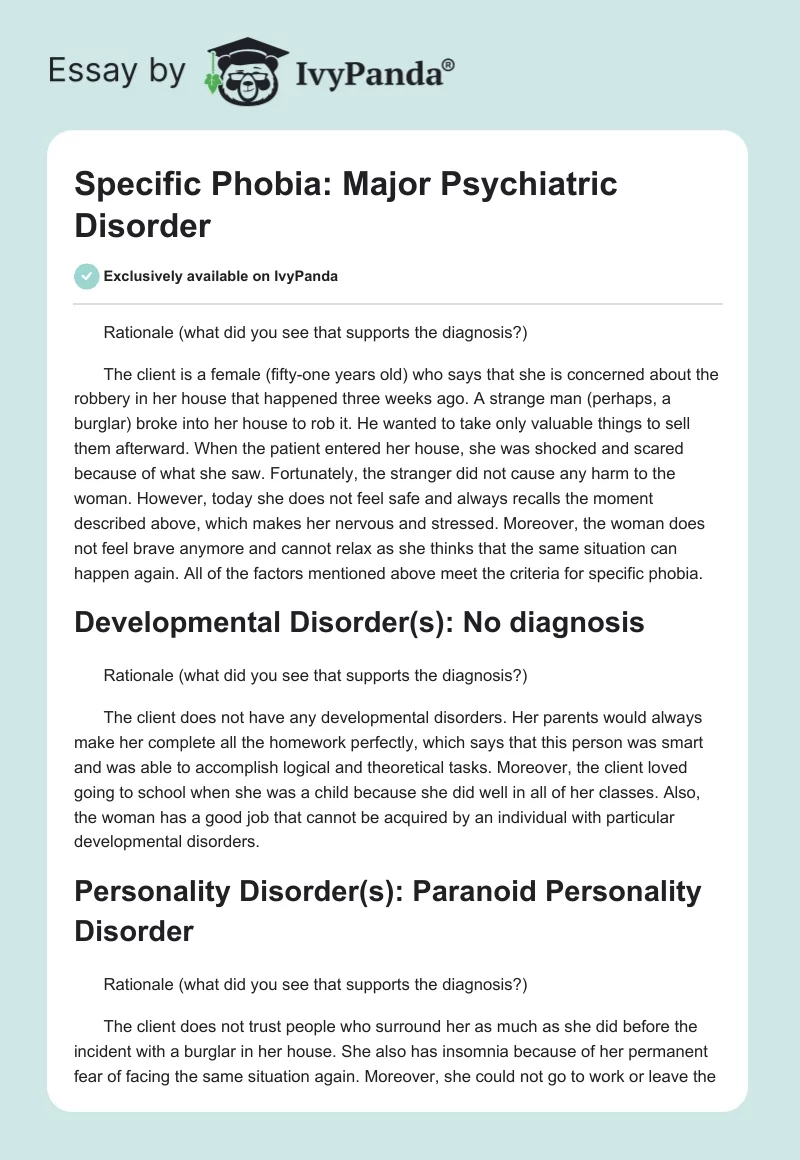 Specific Phobia: Major Psychiatric Disorder. Page 1