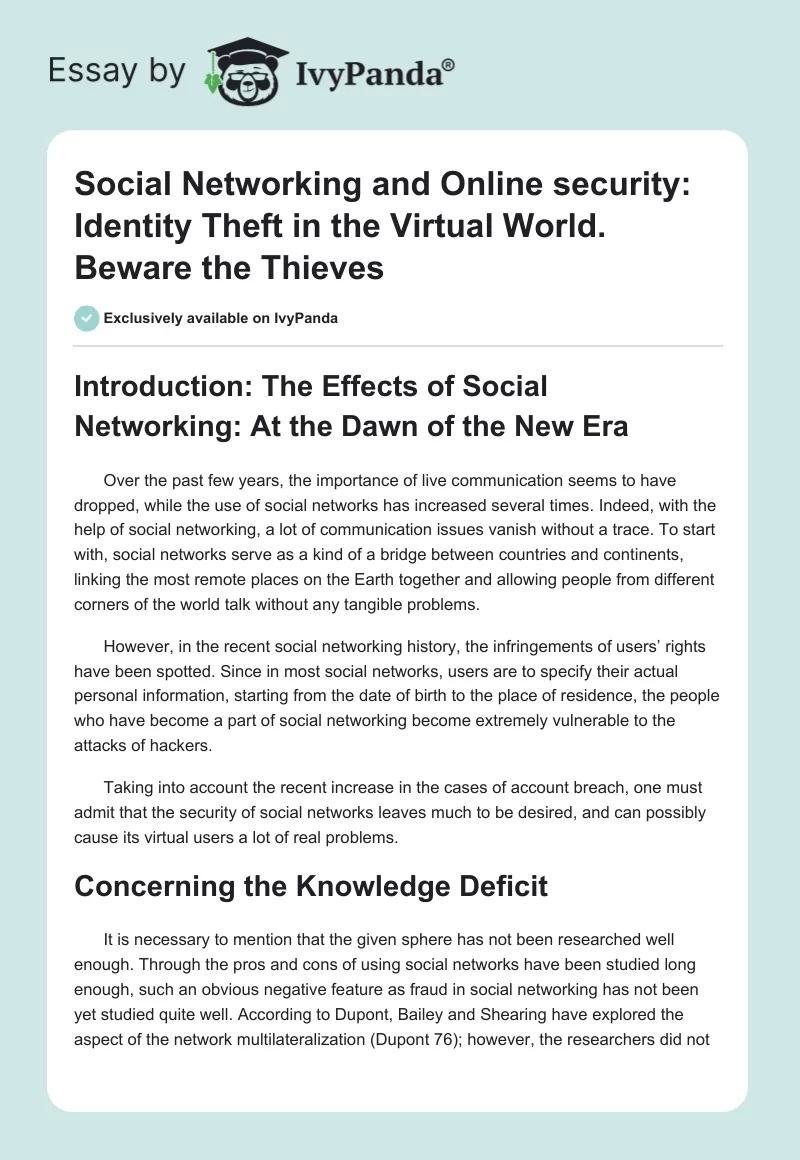 Social Networking and Online security: Identity Theft in the Virtual World. Beware the Thieves. Page 1