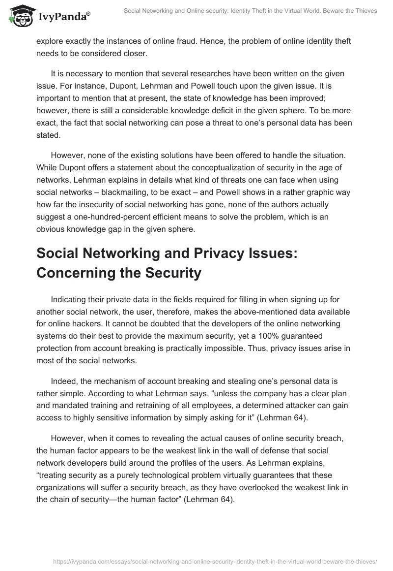 Social Networking and Online security: Identity Theft in the Virtual World. Beware the Thieves. Page 2
