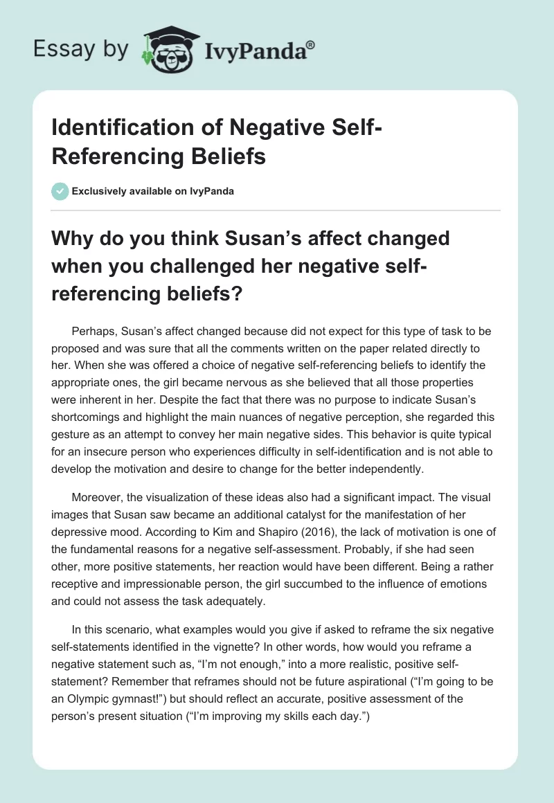 Identification of Negative Self-Referencing Beliefs. Page 1