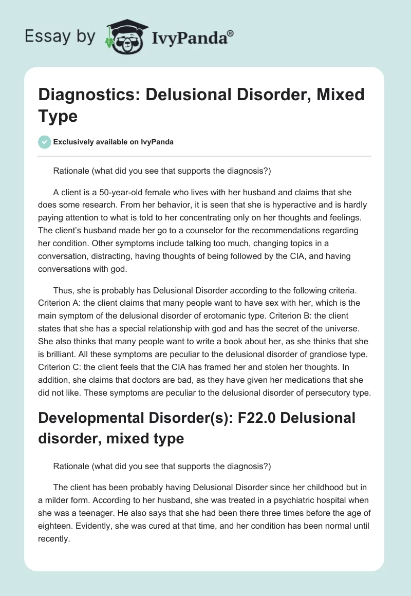 Diagnostics: Delusional Disorder, Mixed Type. Page 1
