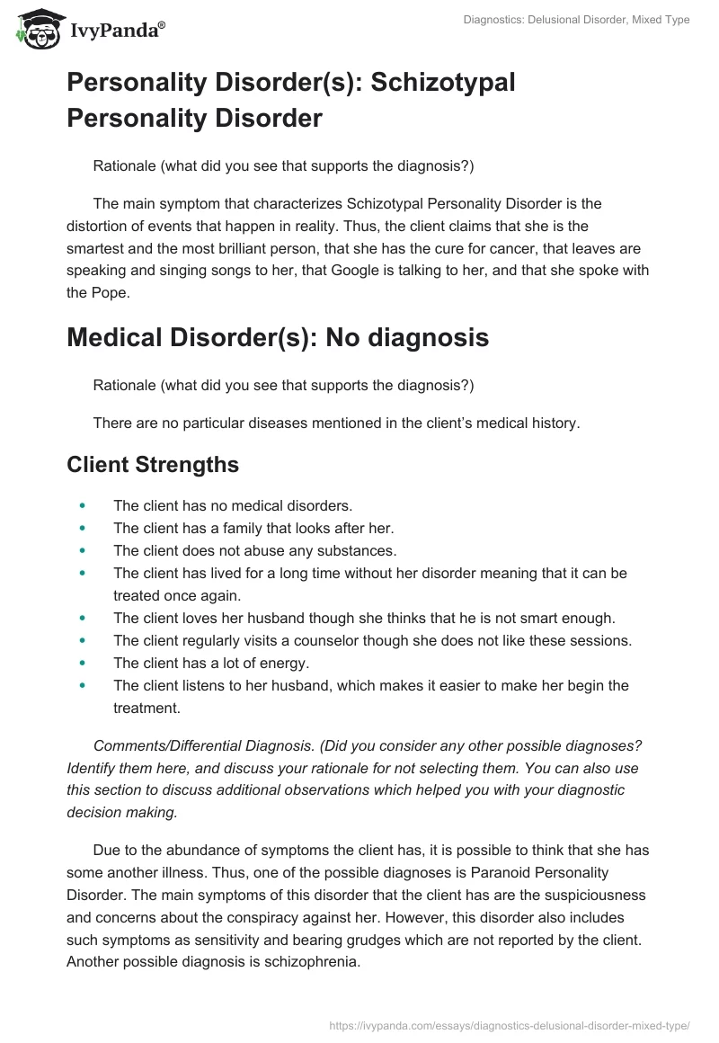 Diagnostics: Delusional Disorder, Mixed Type. Page 2