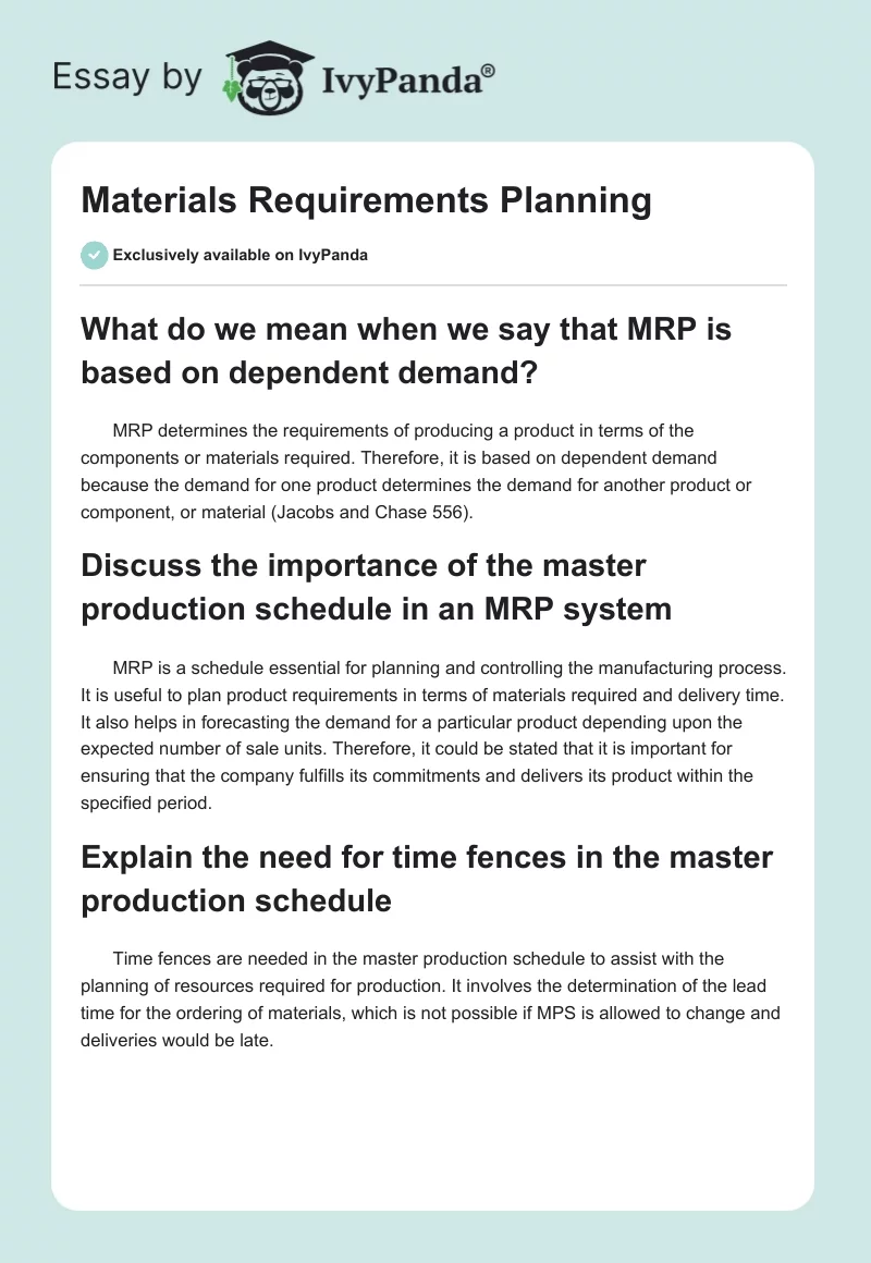 Materials Requirements Planning. Page 1