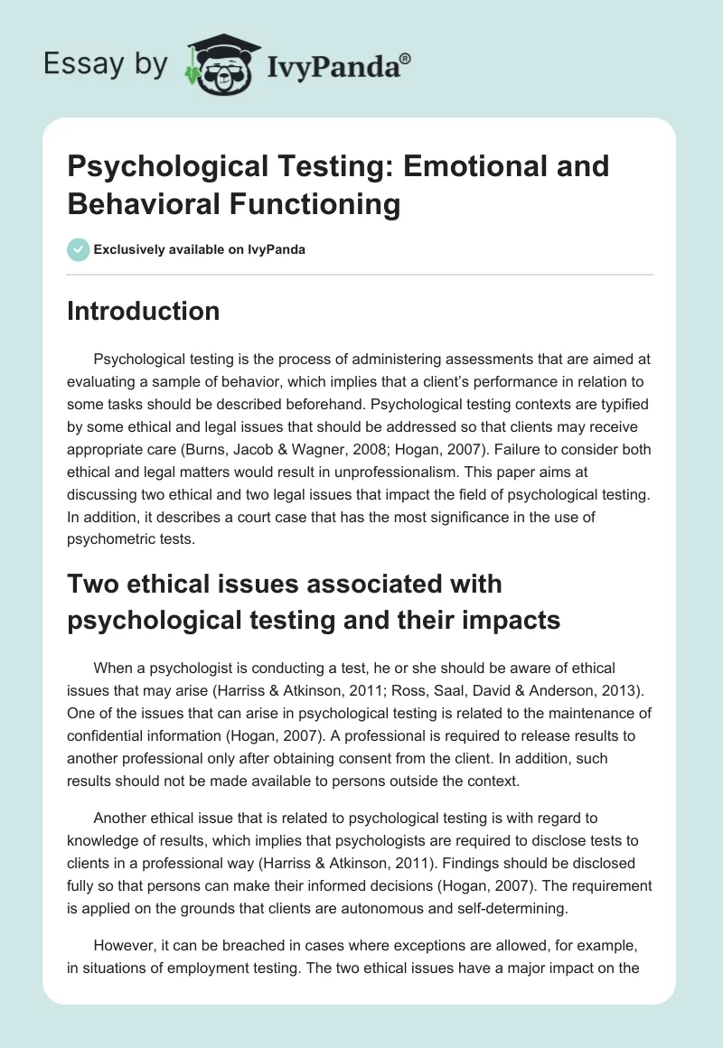 Psychological Testing: Emotional and Behavioral Functioning. Page 1