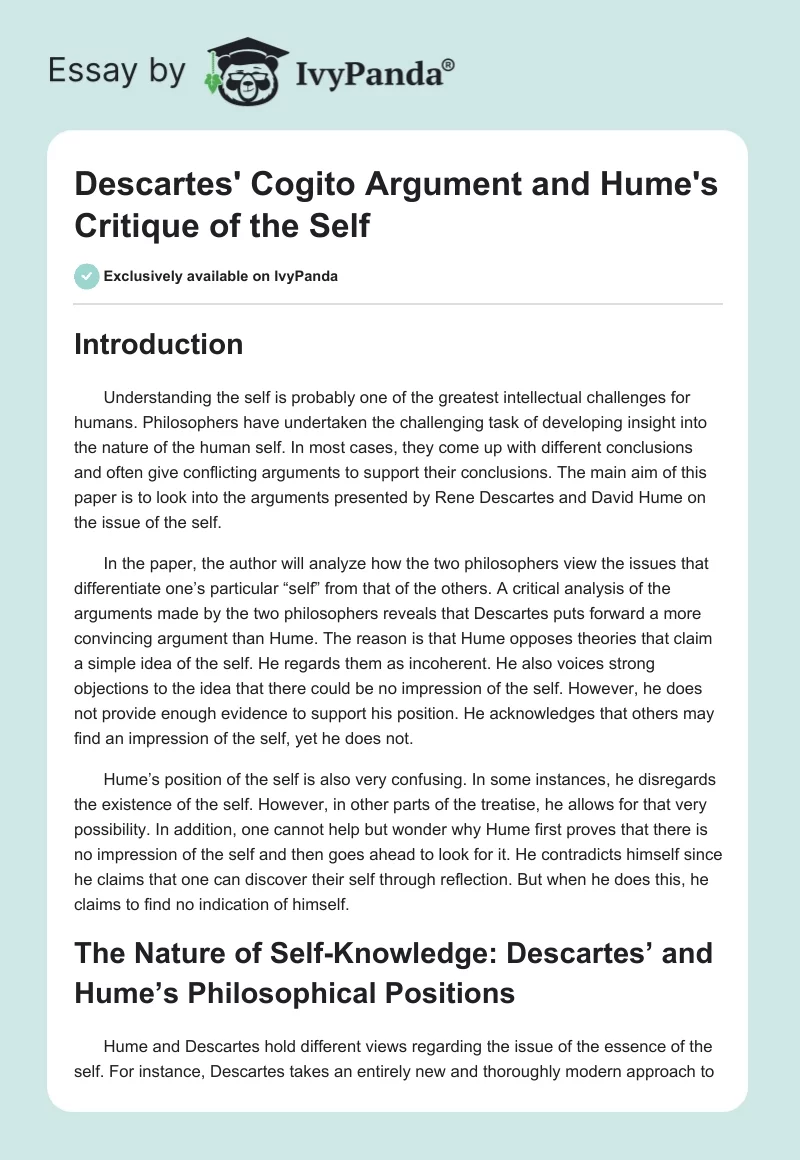 Descartes' Cogito Argument and Hume's Critique of the Self. Page 1