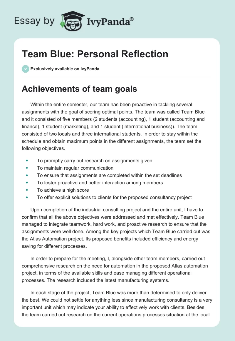 Team Blue: Personal Reflection. Page 1