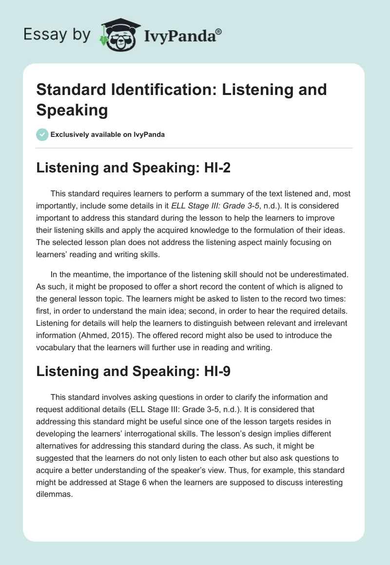 Standard Identification: Listening and Speaking. Page 1