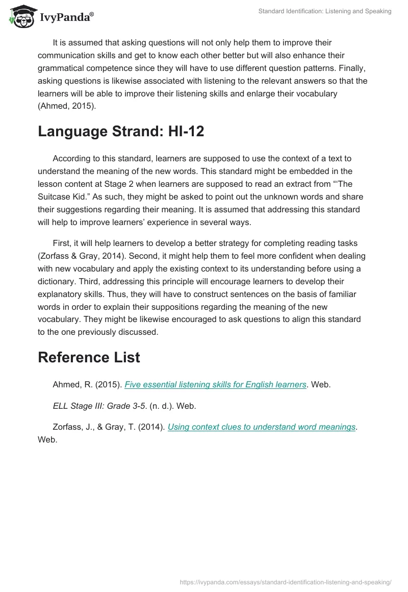 Standard Identification: Listening and Speaking. Page 2