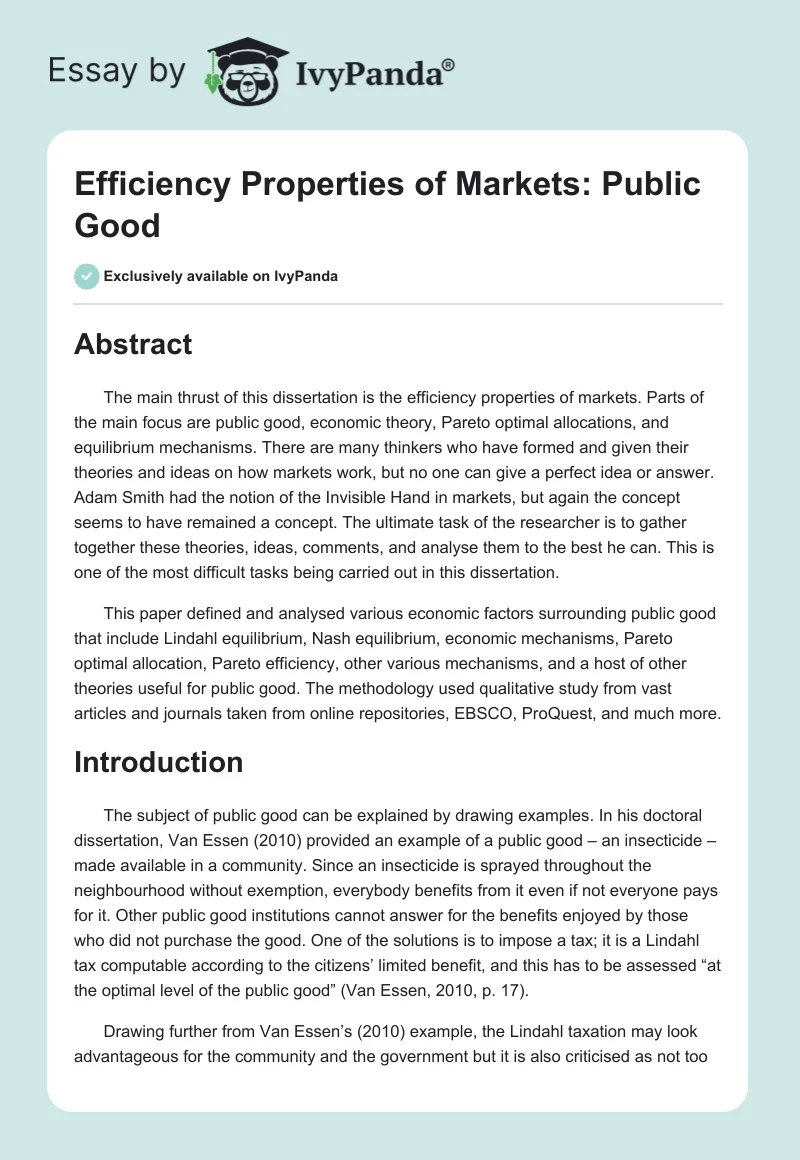 Efficiency Properties of Markets: Public Good. Page 1