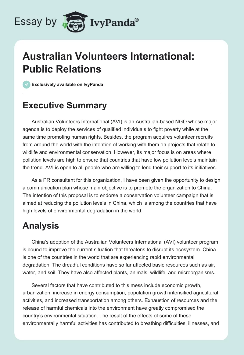 Australian Volunteers International: Public Relations. Page 1