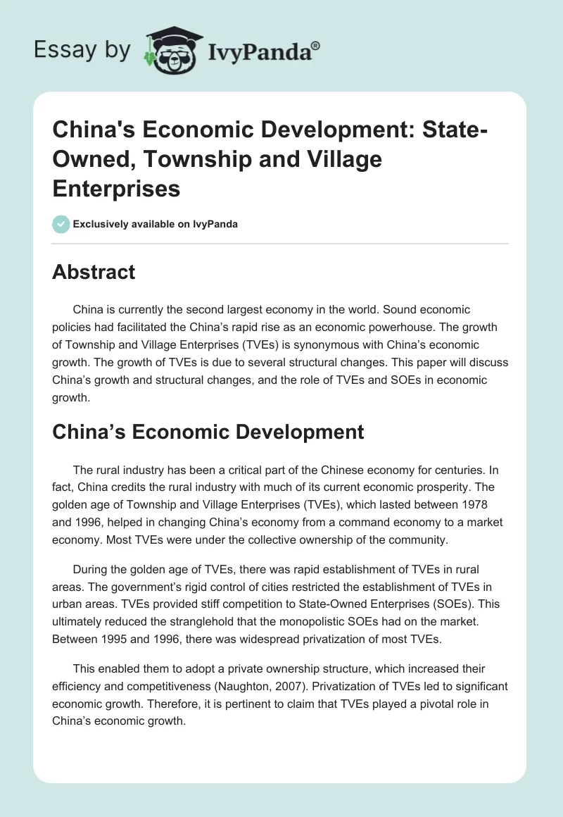 China's Economic Development: State-Owned, Township and Village Enterprises. Page 1