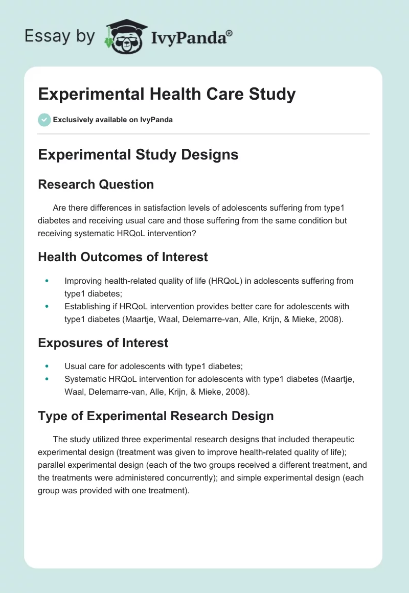 Experimental Health Care Study. Page 1