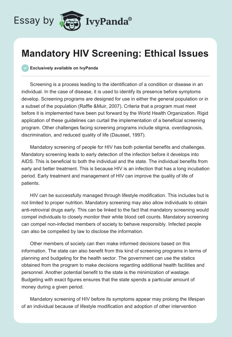 Mandatory HIV Screening: Ethical Issues. Page 1