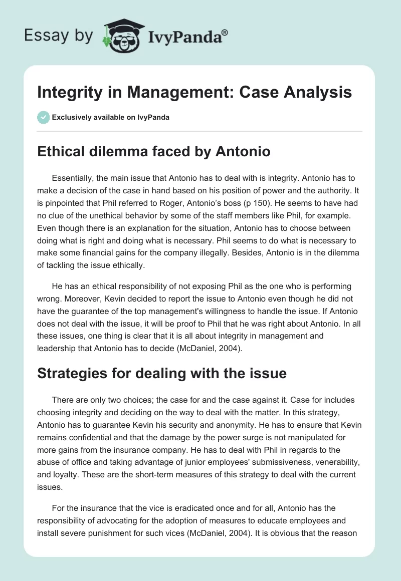 Integrity in Management: Case Analysis. Page 1