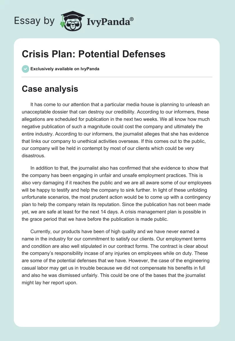 Crisis Plan: Potential Defenses. Page 1
