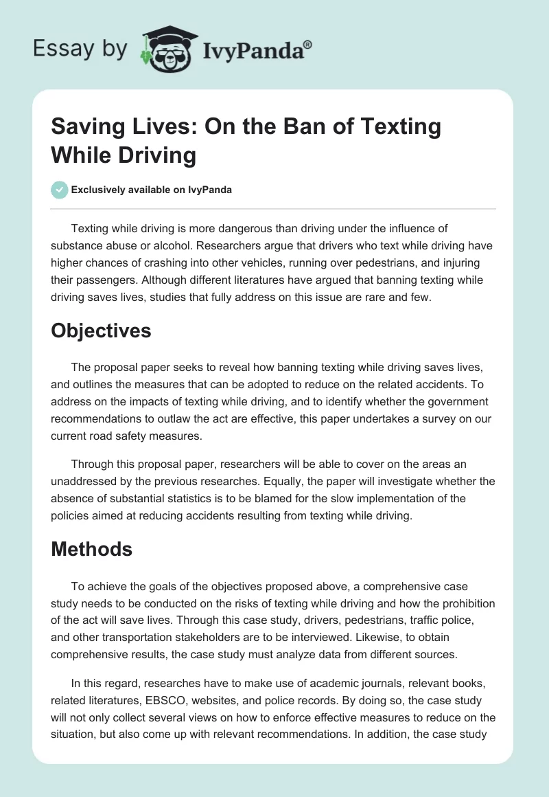 Saving Lives: On the Ban of Texting While Driving. Page 1