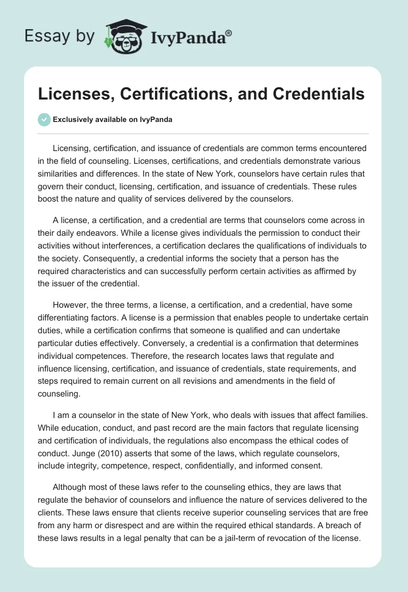 Licenses, Certifications, and Credentials. Page 1