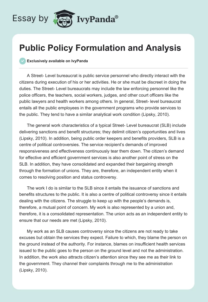 Public Policy Formulation and Analysis. Page 1